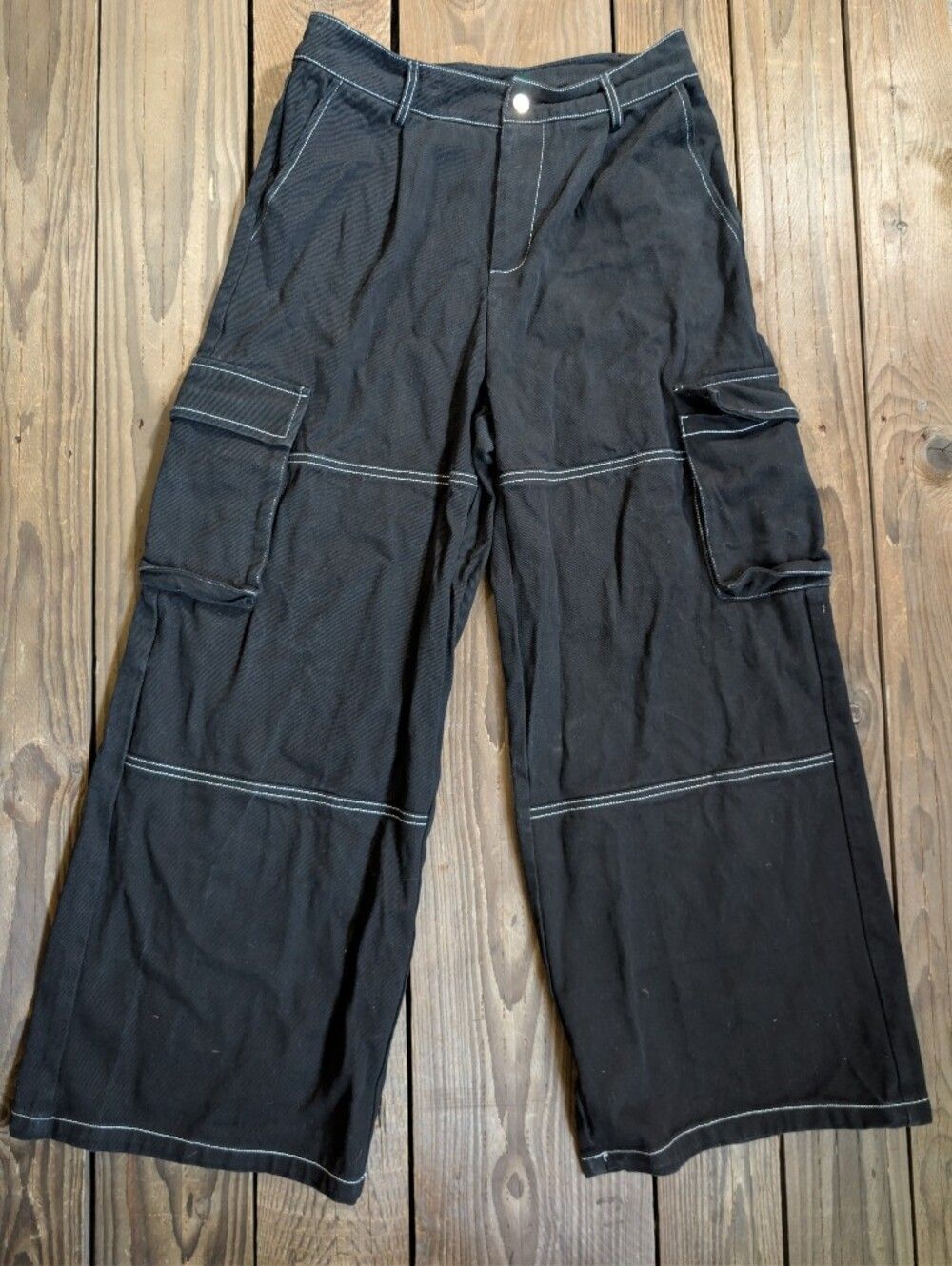 Cider Black Stitch Detail Cargo Wide Leg Jeans L